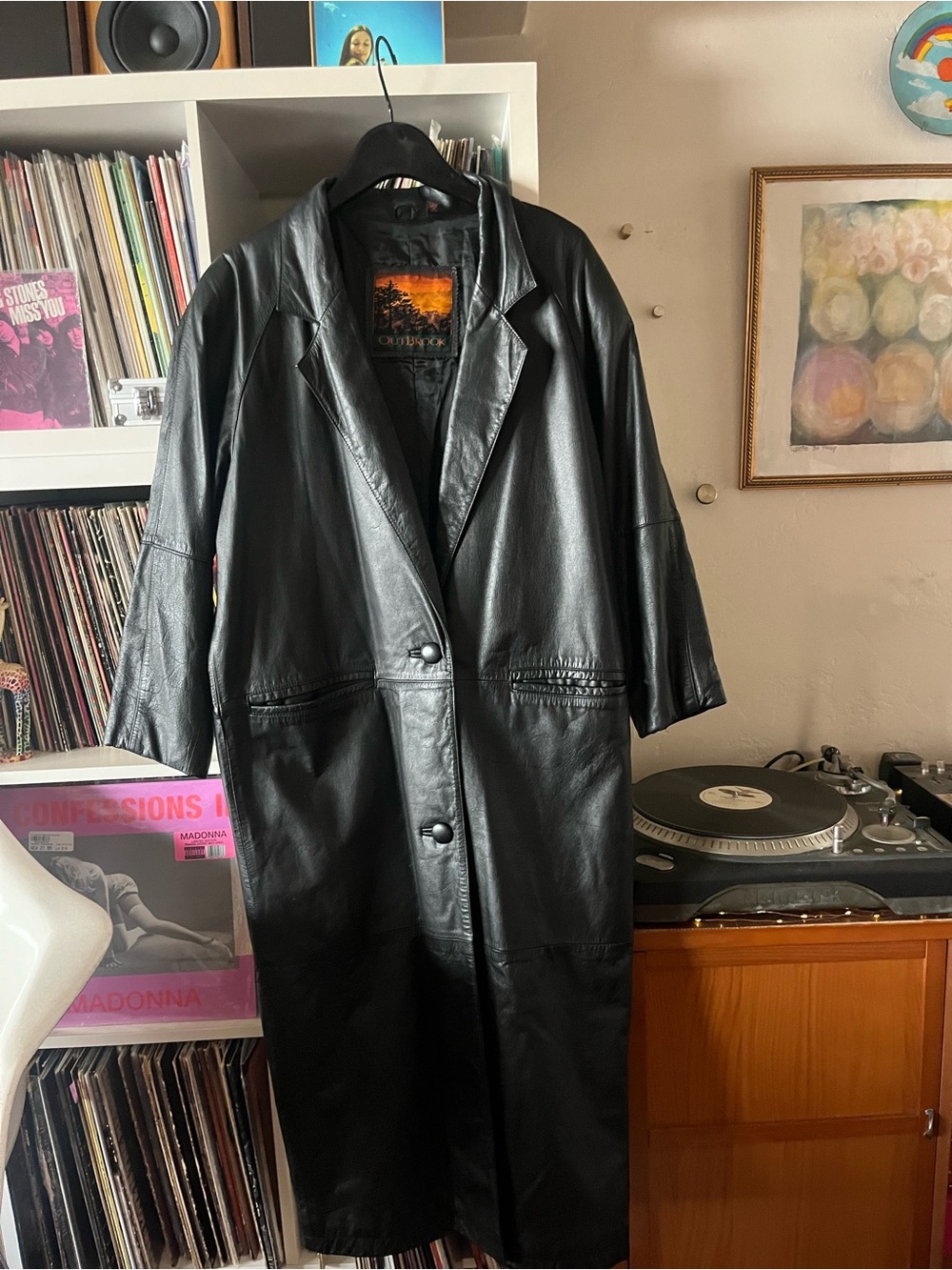 VTG 90s OutBrook Genuine Leather Trench Coat Small Black Long Nappa Jacket